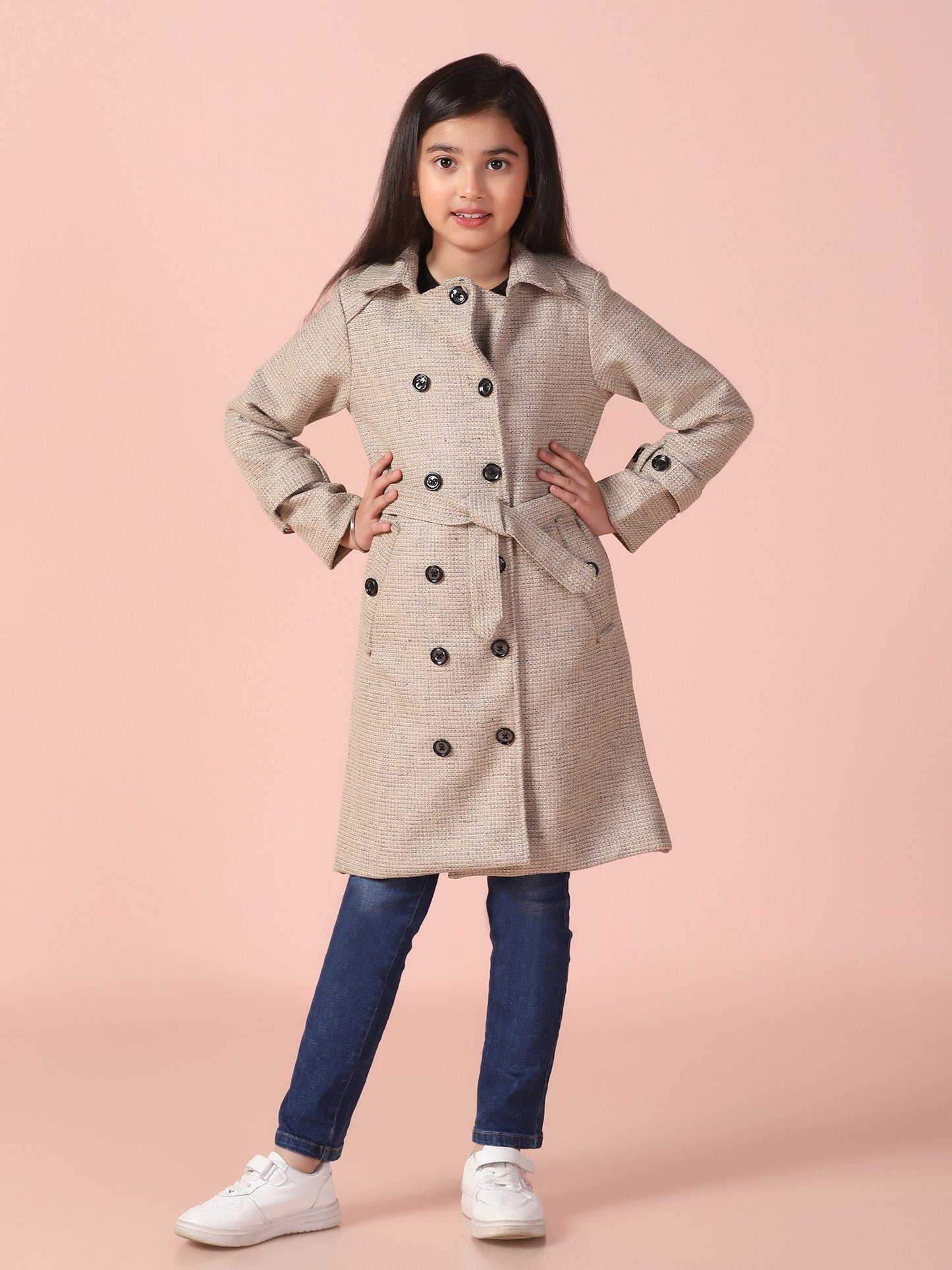 Beige Tweed Long Over Coat with Belt