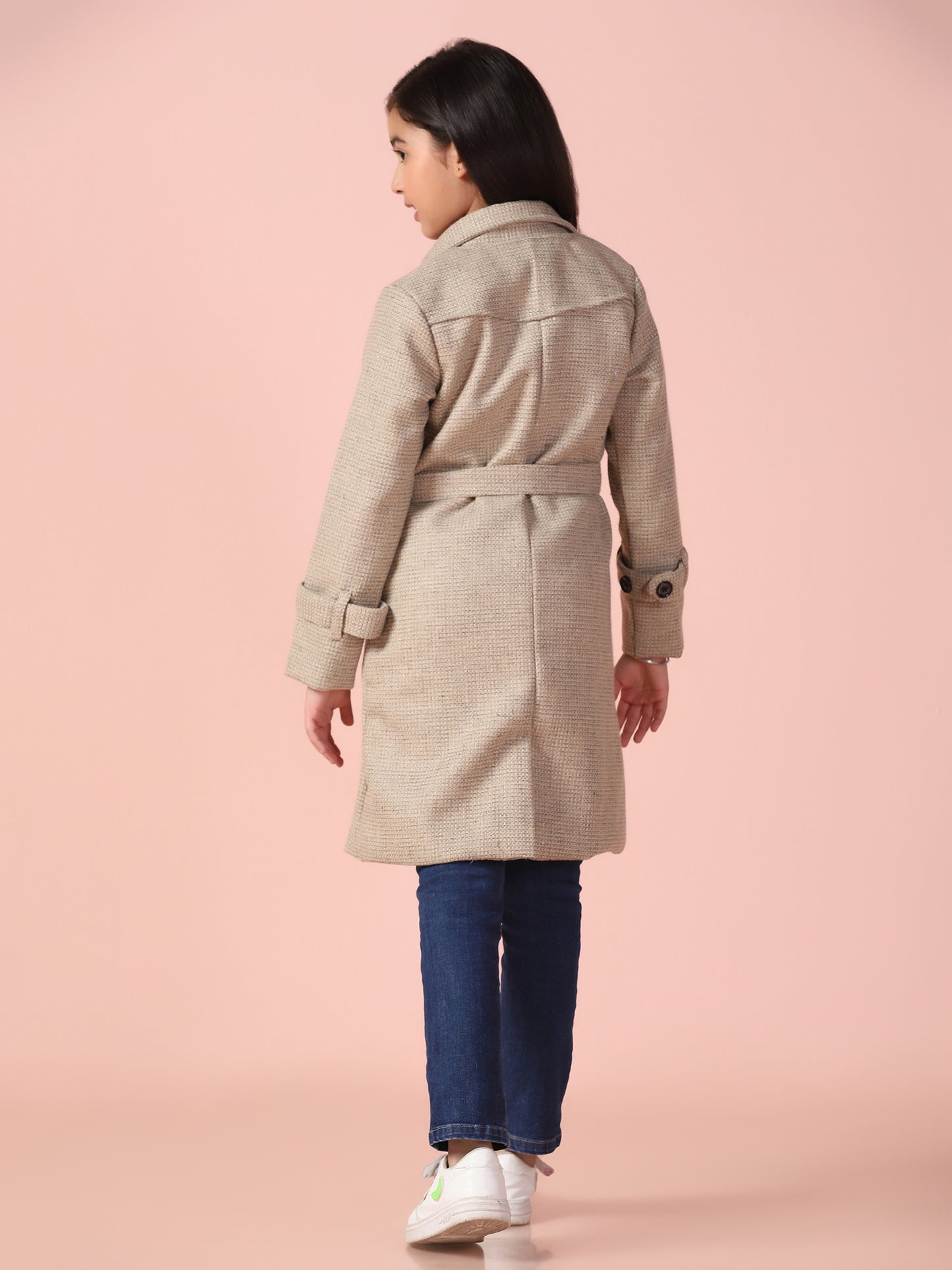 Beige Tweed Long Over Coat with Belt