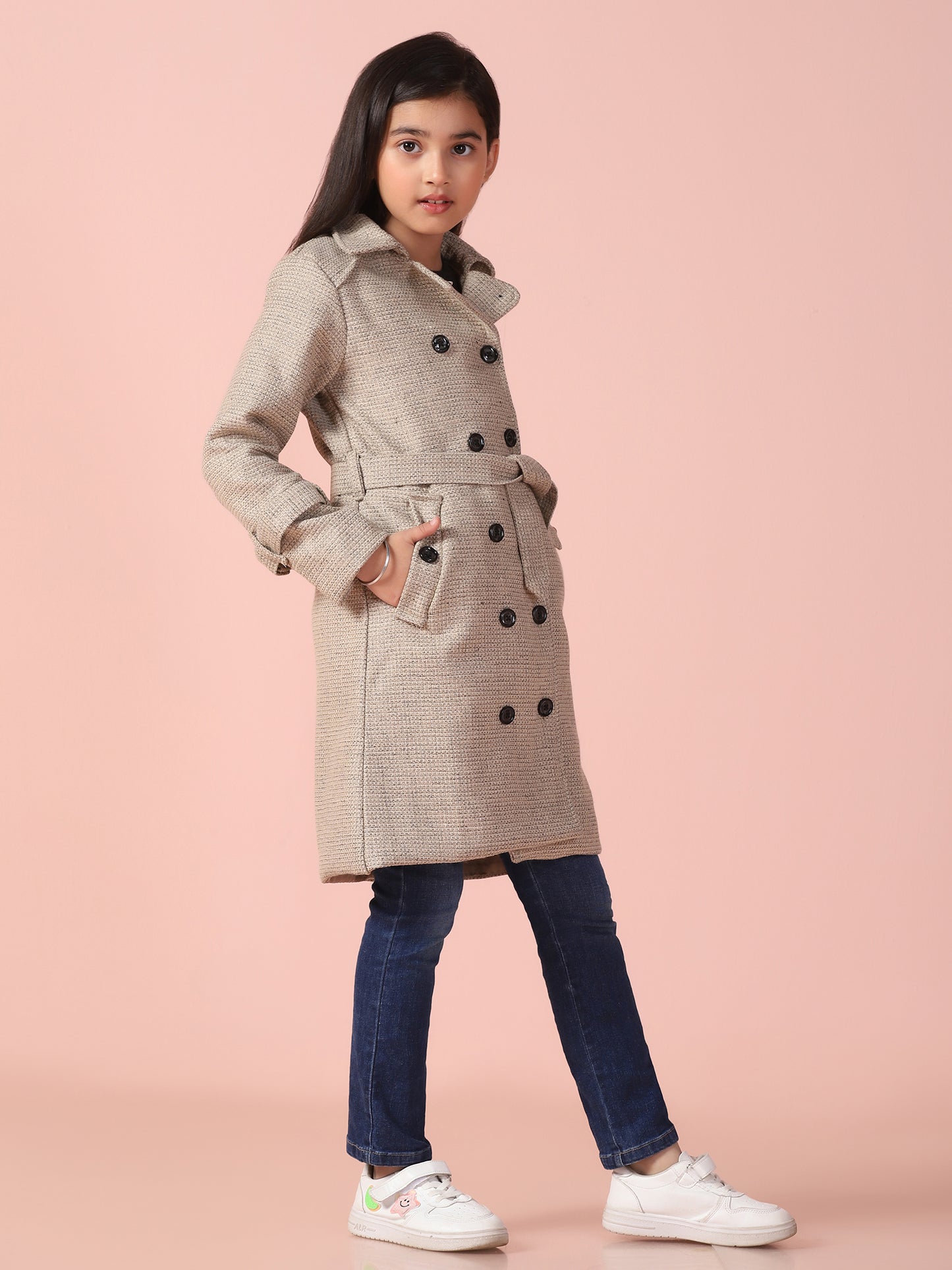 Beige Tweed Long Over Coat with Belt