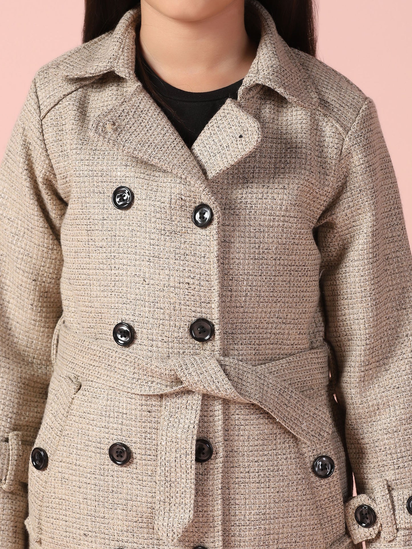 Beige Tweed Long Over Coat with Belt