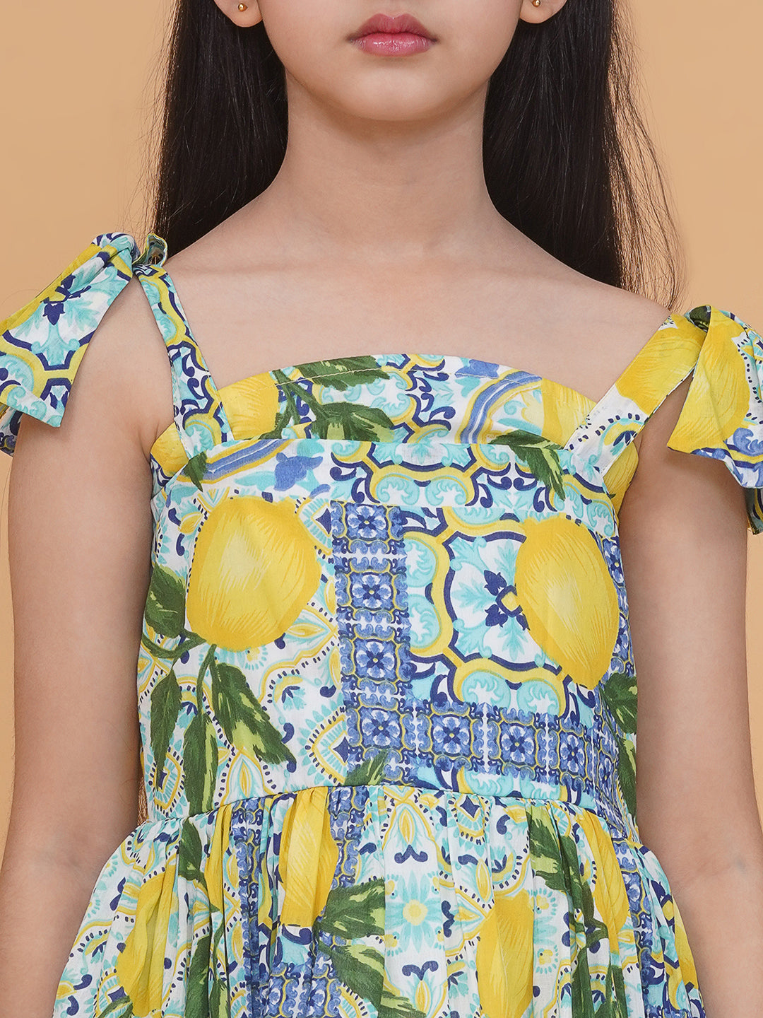 PICCOLO Shoulder Knot Lemon Printed Dress