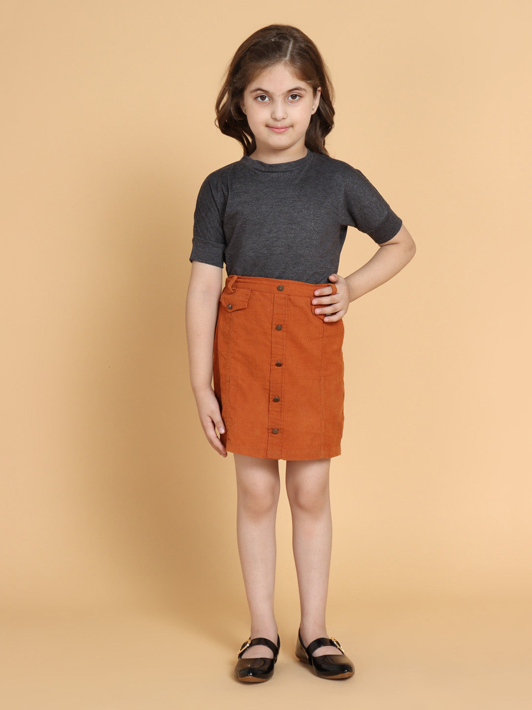 Girls Grey Solid T-Shirt And Rustic Corduroy Skirt Set