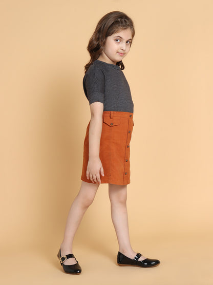 Girls Grey Solid T-Shirt And Rustic Corduroy Skirt Set