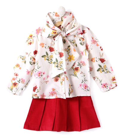Stylish Flower Printed Top with Skirt - Red
