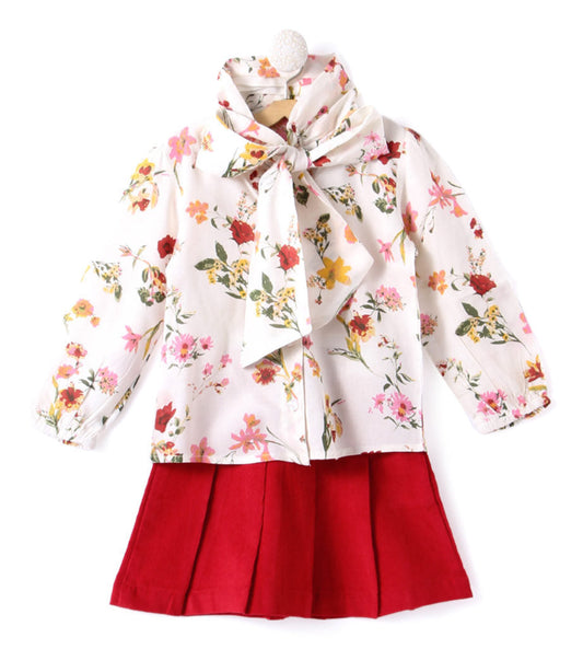 Stylish Flower Printed Top with Skirt - Red