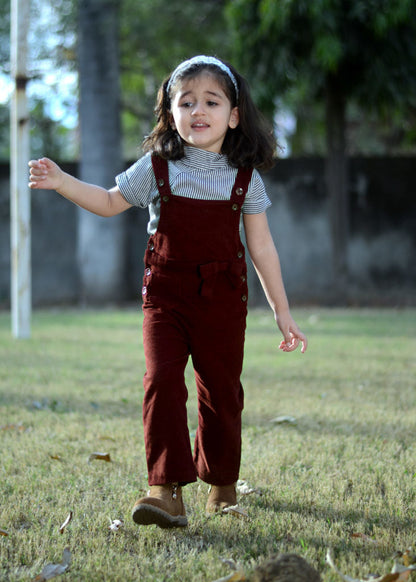 Round Neck Stripe Top and Dungaree Set – Maroon
