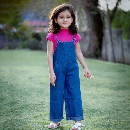 Solid Round Neck Top and Dungaree Set – Blue