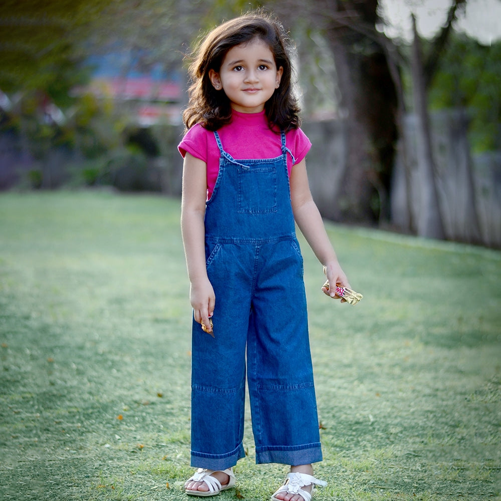 Solid Round Neck Top and Dungaree Set – Blue