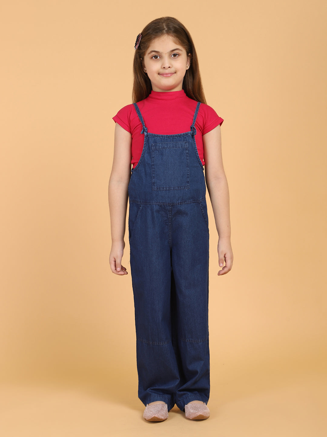 Solid Round Neck Top and Dungaree Set – Blue