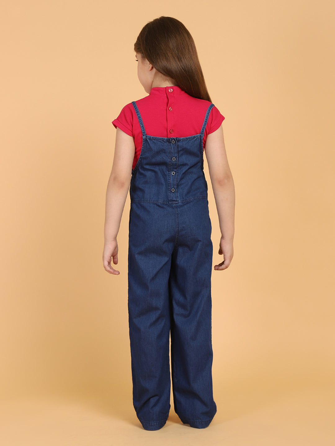 Solid Round Neck Top and Dungaree Set – Blue