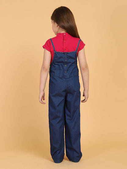 Solid Round Neck Top and Dungaree Set – Blue