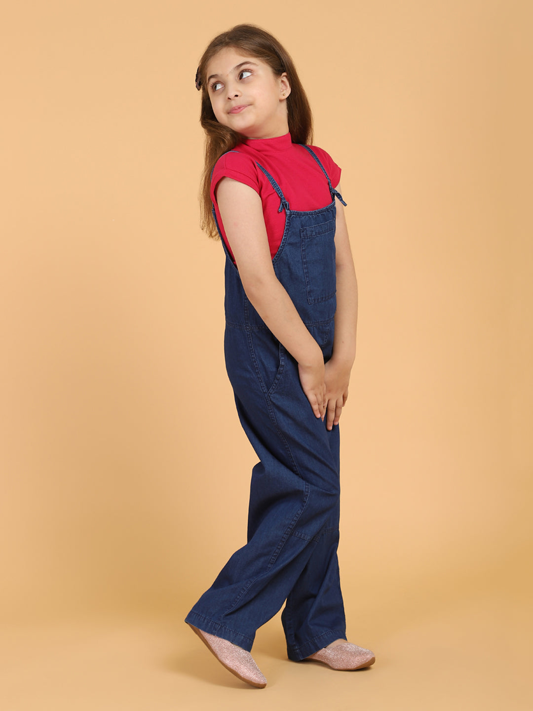 Solid Round Neck Top and Dungaree Set – Blue