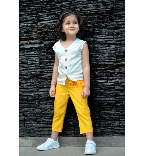 White Top with Attached Buttons & Pant Set