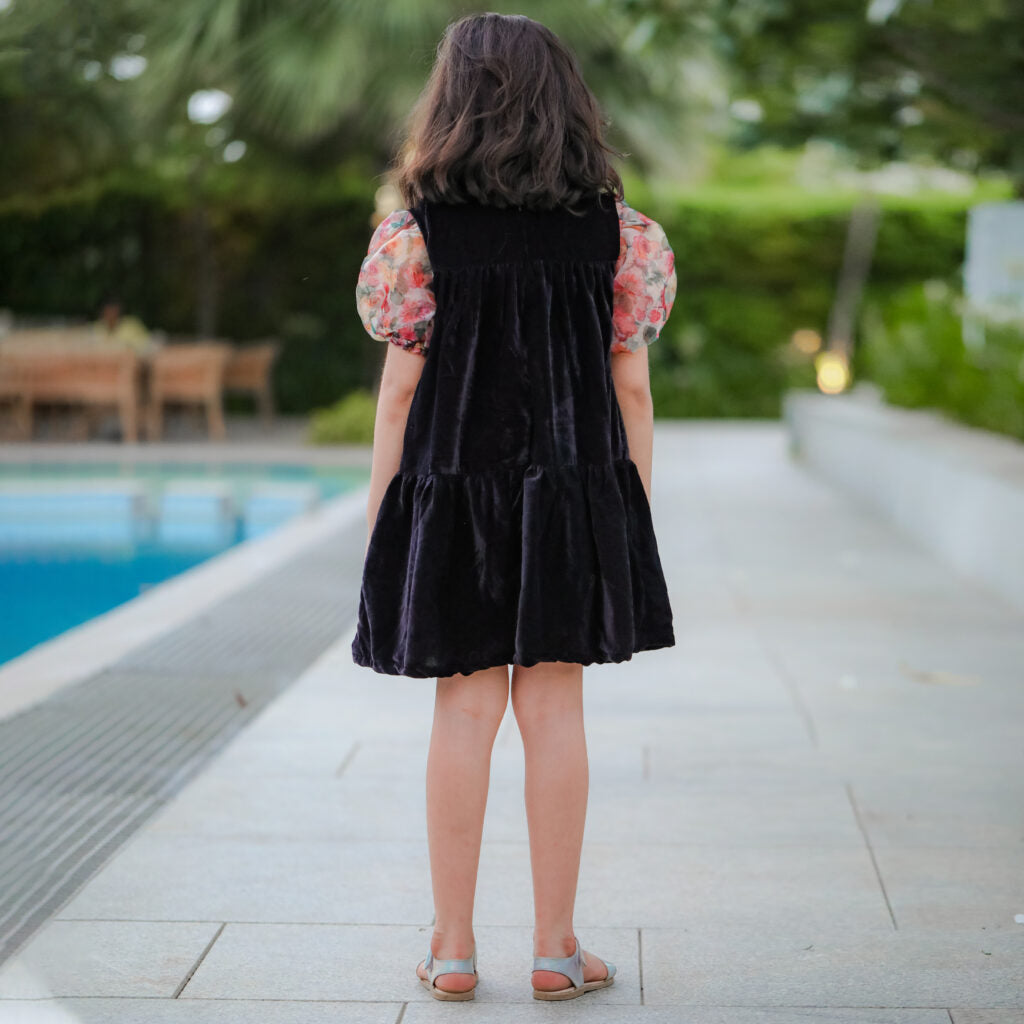 Black Velvet Tiered Dress With Floral Organza Sleeves