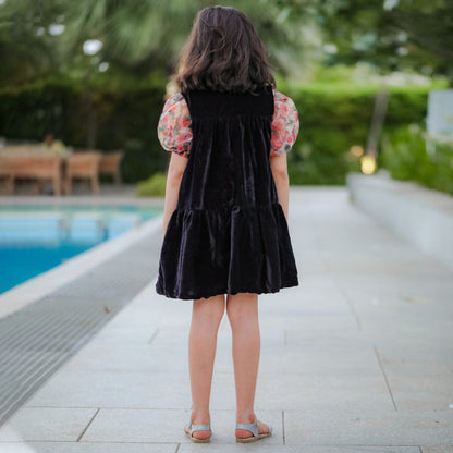 Black Velvet Tiered Dress With Floral Organza Sleeves