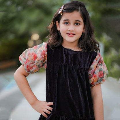 Black Velvet Tiered Dress With Floral Organza Sleeves