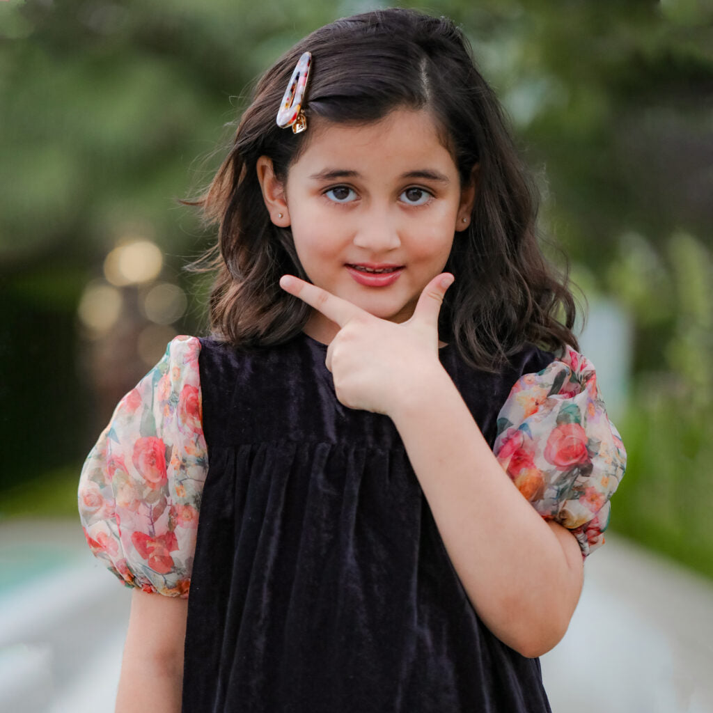 Black Velvet Tiered Dress With Floral Organza Sleeves