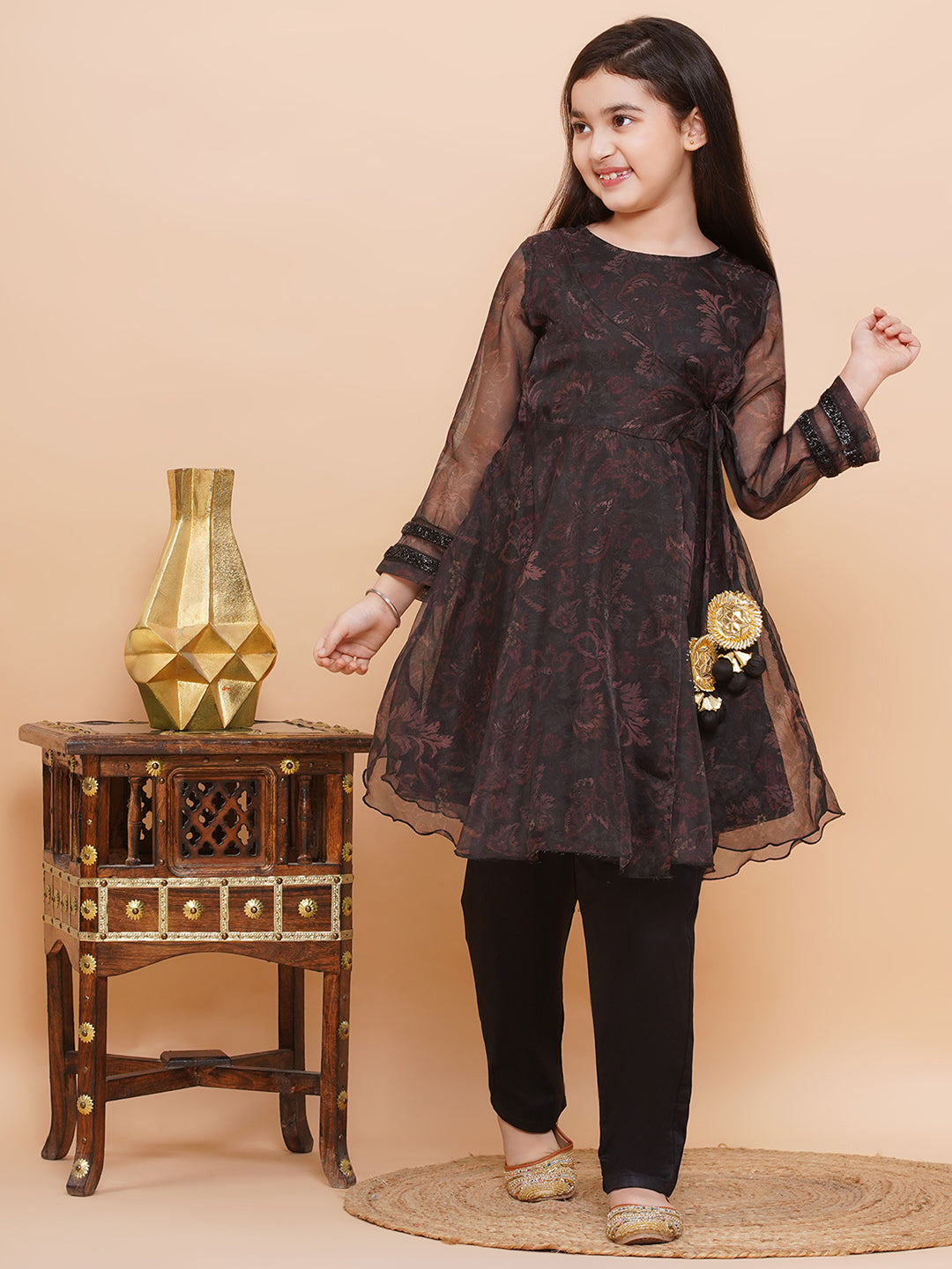 Girls Black Organza Anarkali And Pants Set