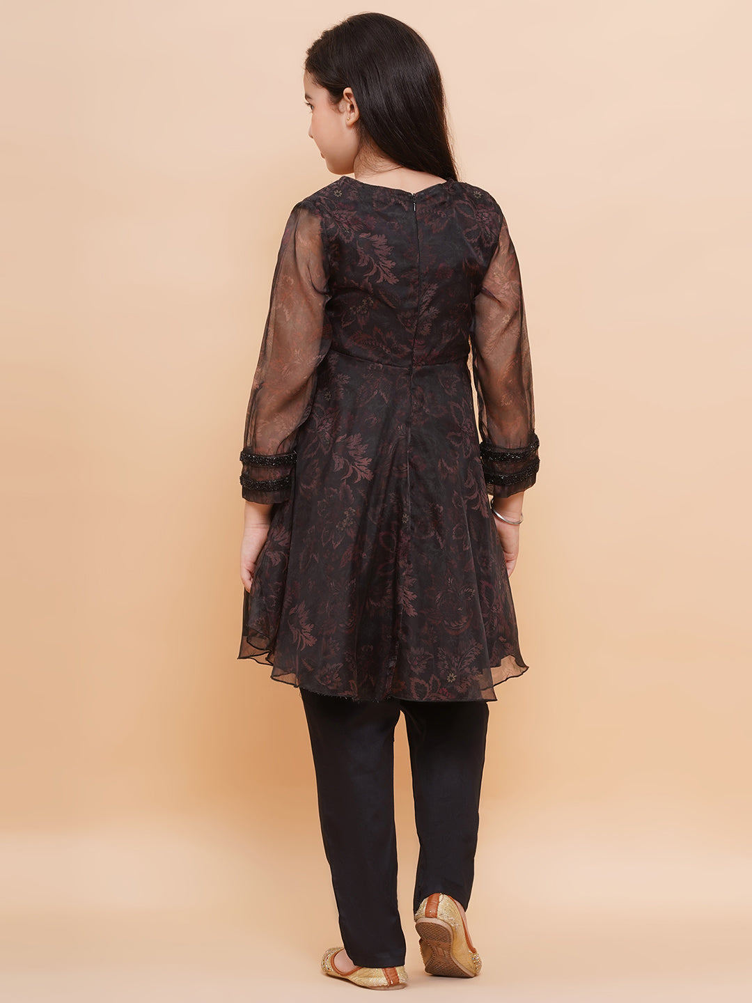 Girls Black Organza Anarkali And Pants Set