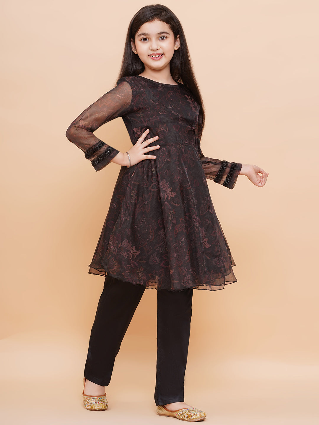 Girls Black Organza Anarkali And Pants Set