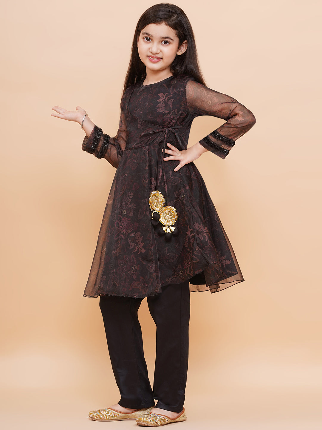 Girls Black Organza Anarkali And Pants Set