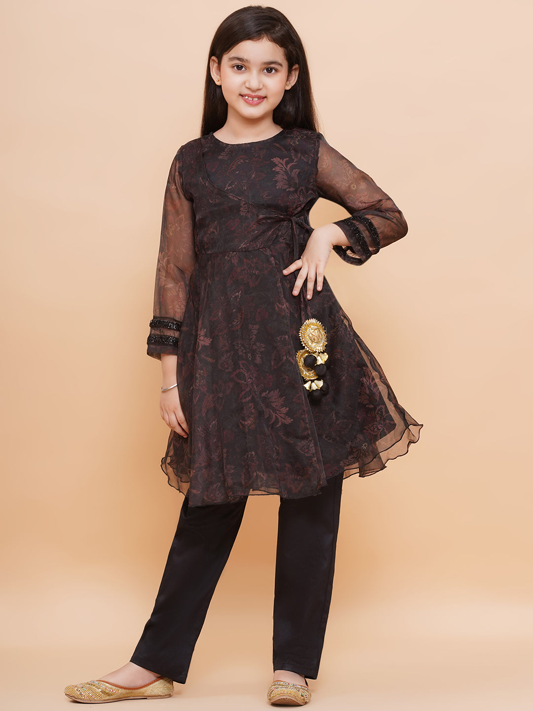 Girls Black Organza Anarkali And Pants Set