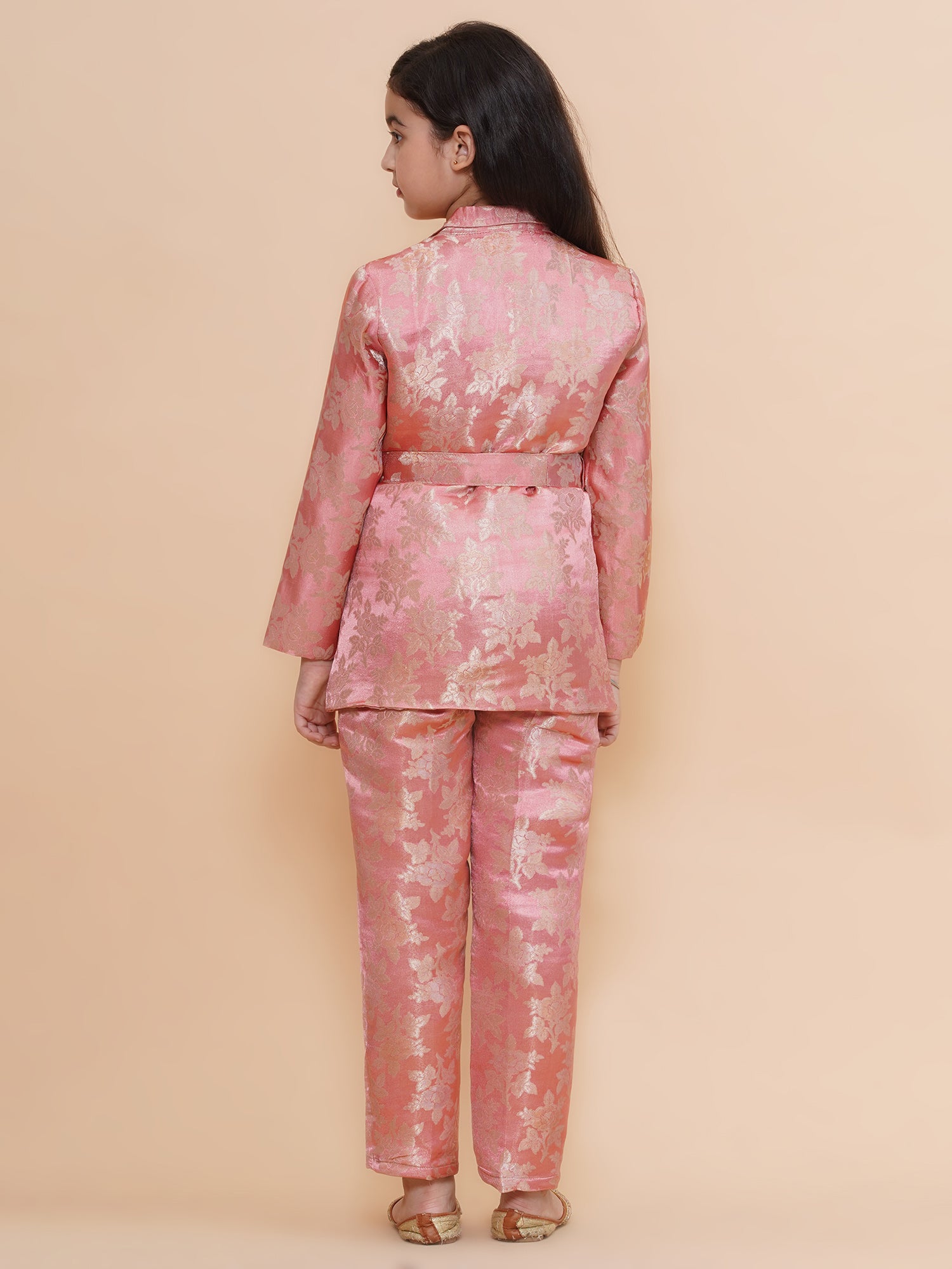 Girls Peach Floral Motifs Jacquard Blazer Co-Ord Set