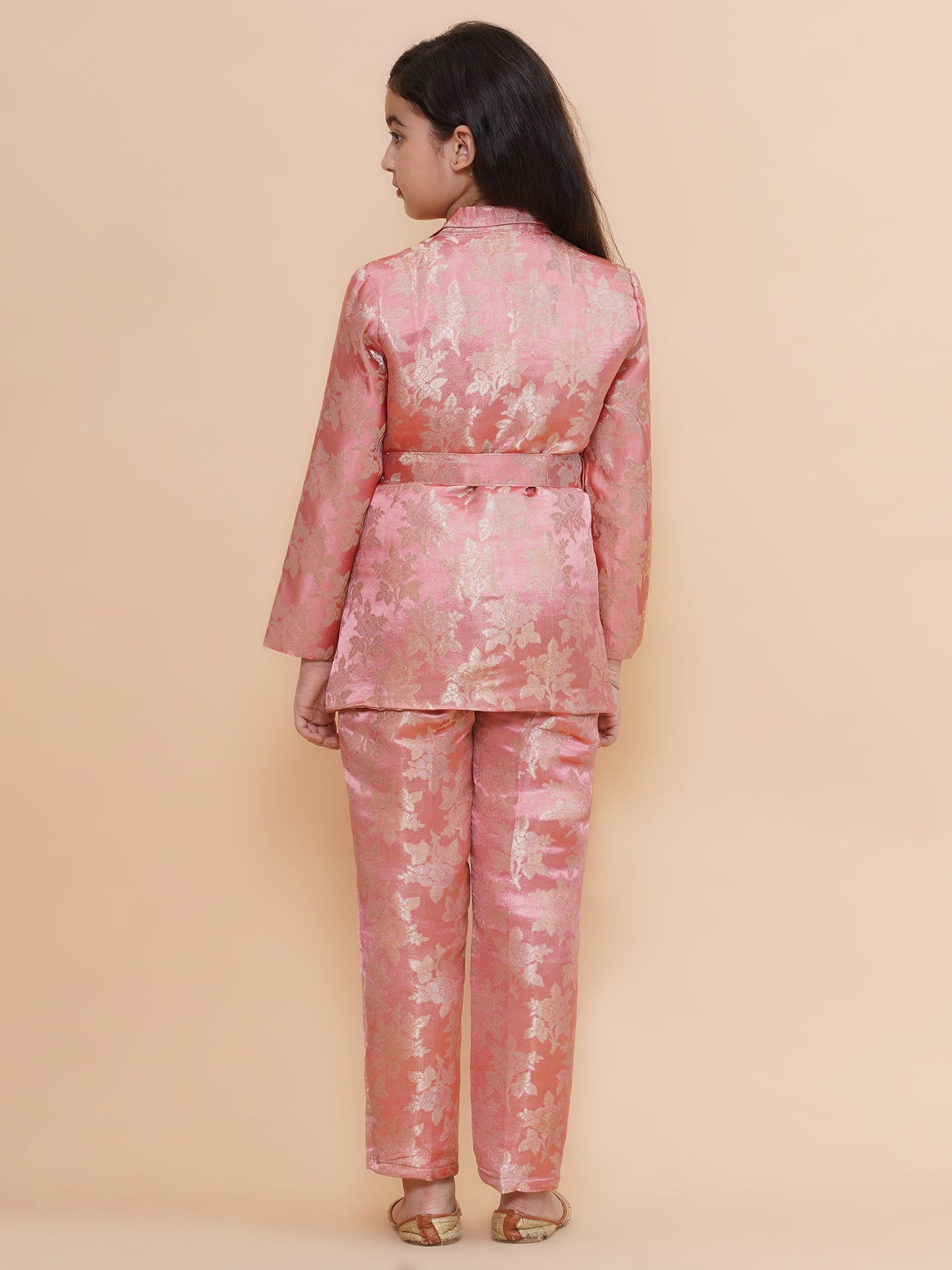 Girls Peach Floral Motifs Jacquard Blazer Co-Ord Set