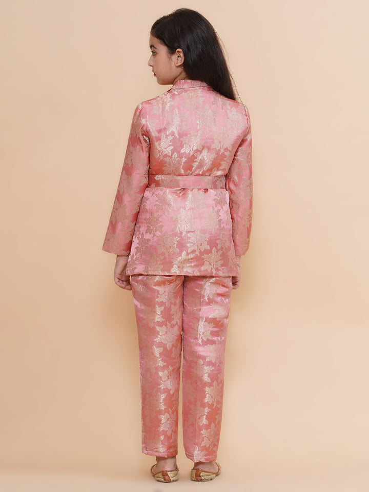 Girls Peach Floral Motifs Jacquard Blazer Co-Ord Set
