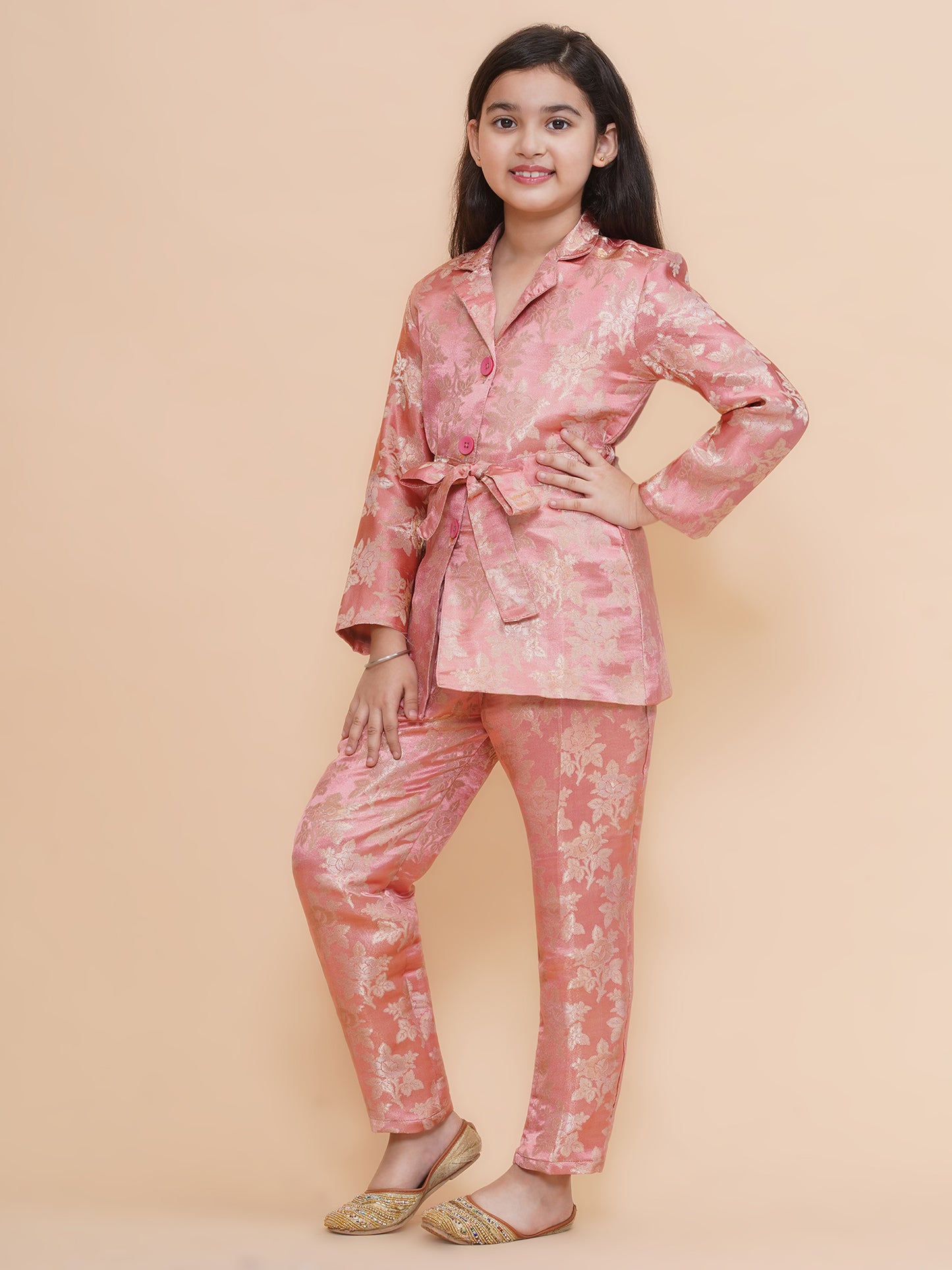 Girls Peach Floral Motifs Jacquard Blazer Co-Ord Set
