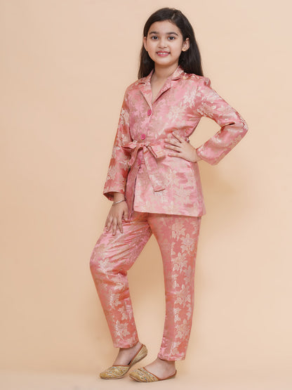 Girls Peach Floral Motifs Jacquard Blazer Co-Ord Set