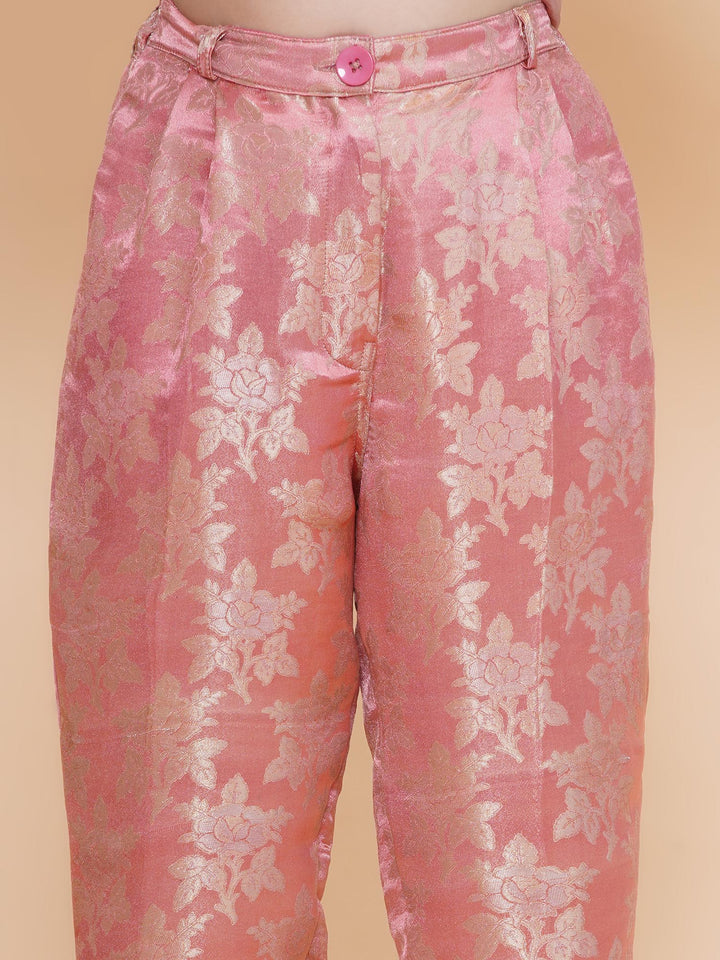 Girls Peach Floral Motifs Jacquard Blazer Co-Ord Set