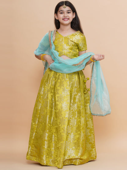 Girls Lime Green Jacquard Brocade Silk Floral Lehenga Set With Tissue Dupatta