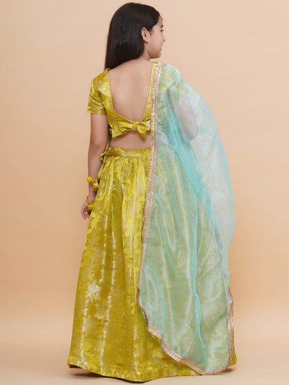 Girls Lime Green Jacquard Brocade Silk Floral Lehenga Set With Tissue Dupatta