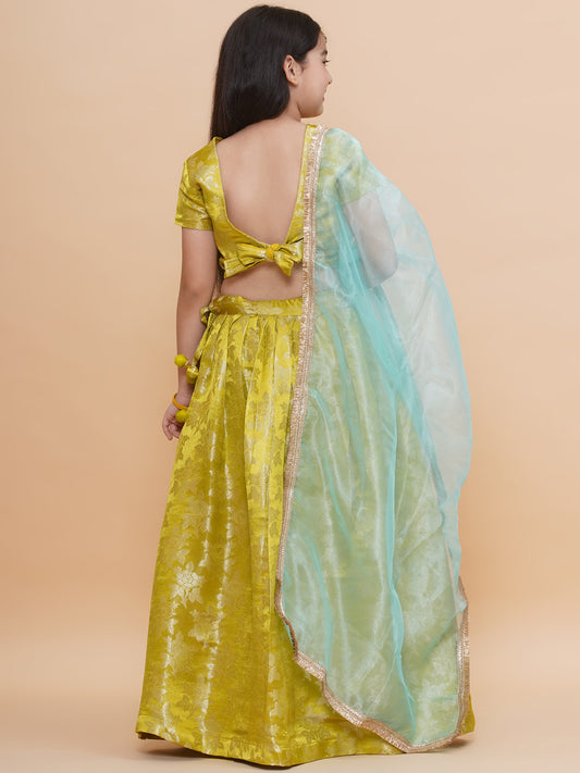 Girls Lime Green Jacquard Brocade Silk Floral Lehenga Set With Tissue Dupatta