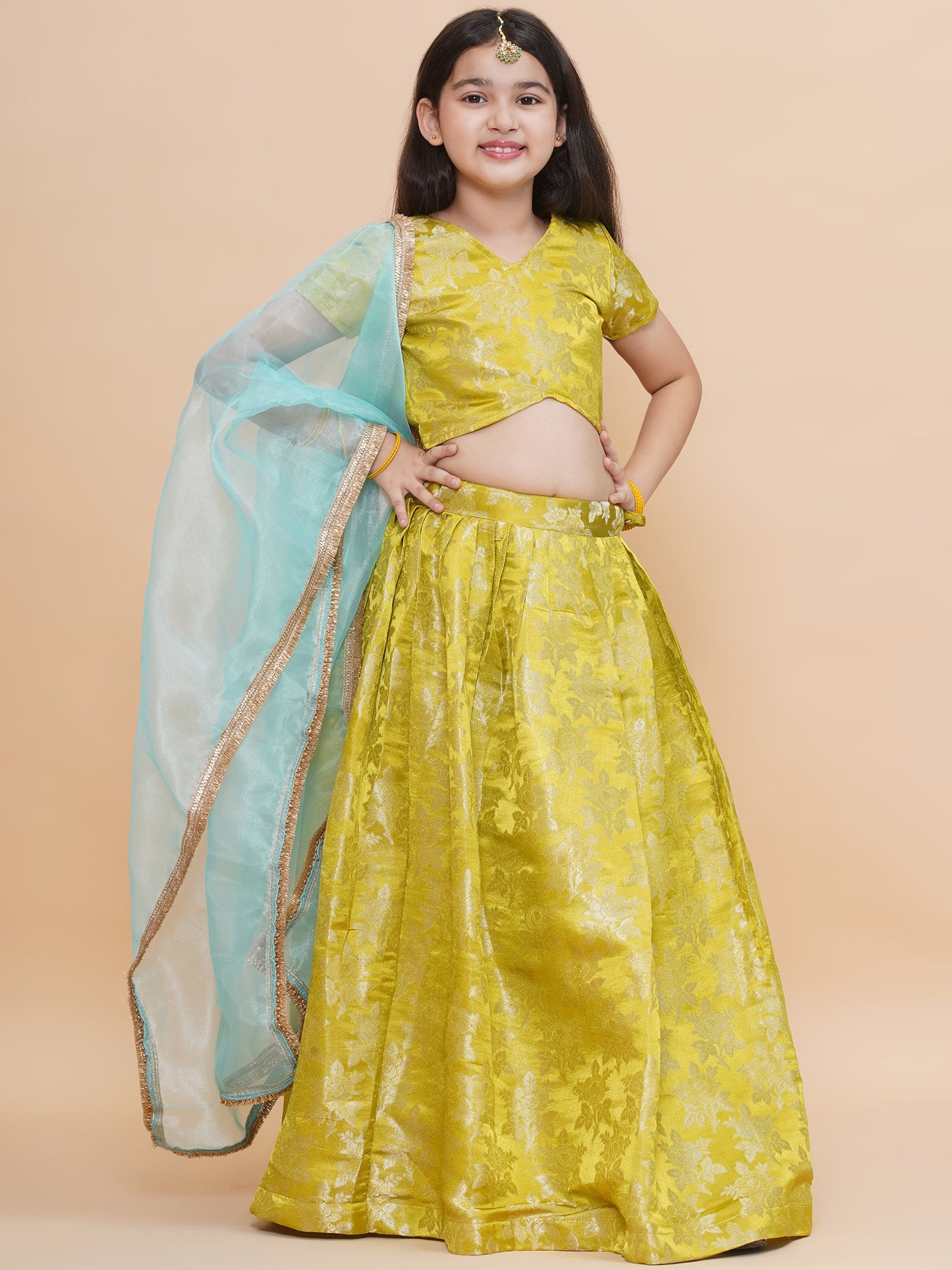 Girls Lime Green Jacquard Brocade Silk Floral Lehenga Set With Tissue Dupatta