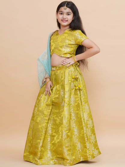 Girls Lime Green Jacquard Brocade Silk Floral Lehenga Set With Tissue Dupatta