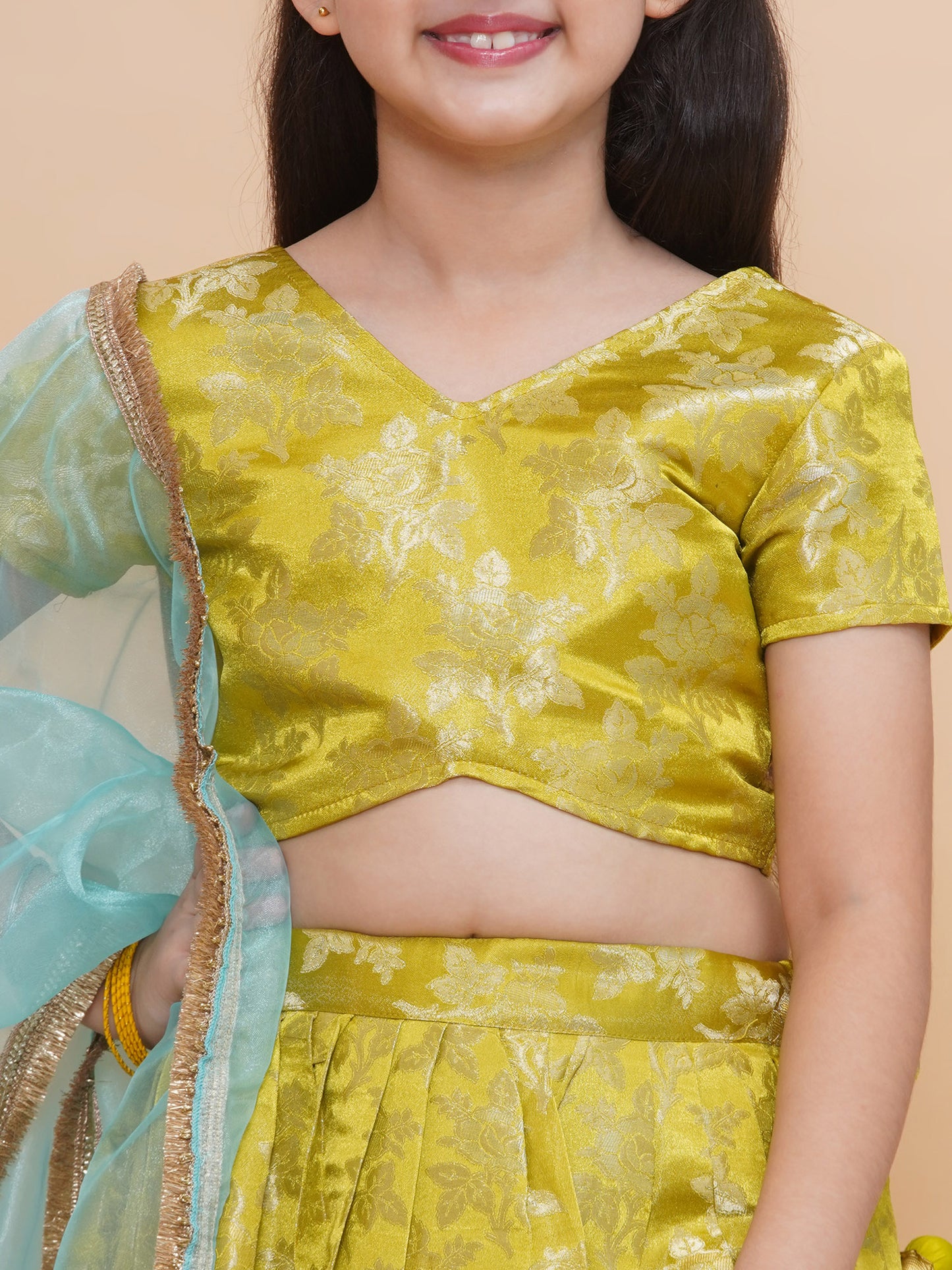 Girls Lime Green Jacquard Brocade Silk Floral Lehenga Set With Tissue Dupatta