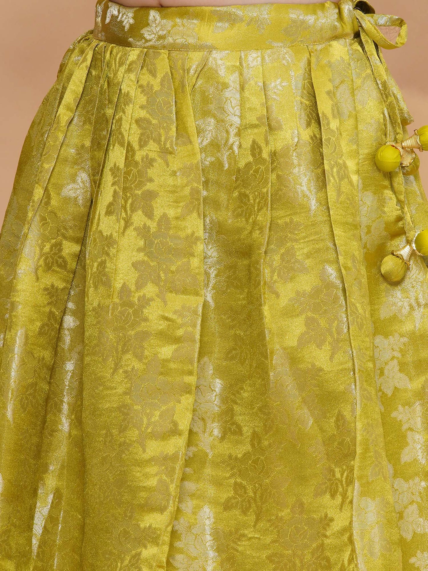 Girls Lime Green Jacquard Brocade Silk Floral Lehenga Set With Tissue Dupatta