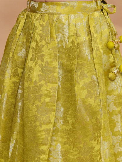 Girls Lime Green Jacquard Brocade Silk Floral Lehenga Set With Tissue Dupatta