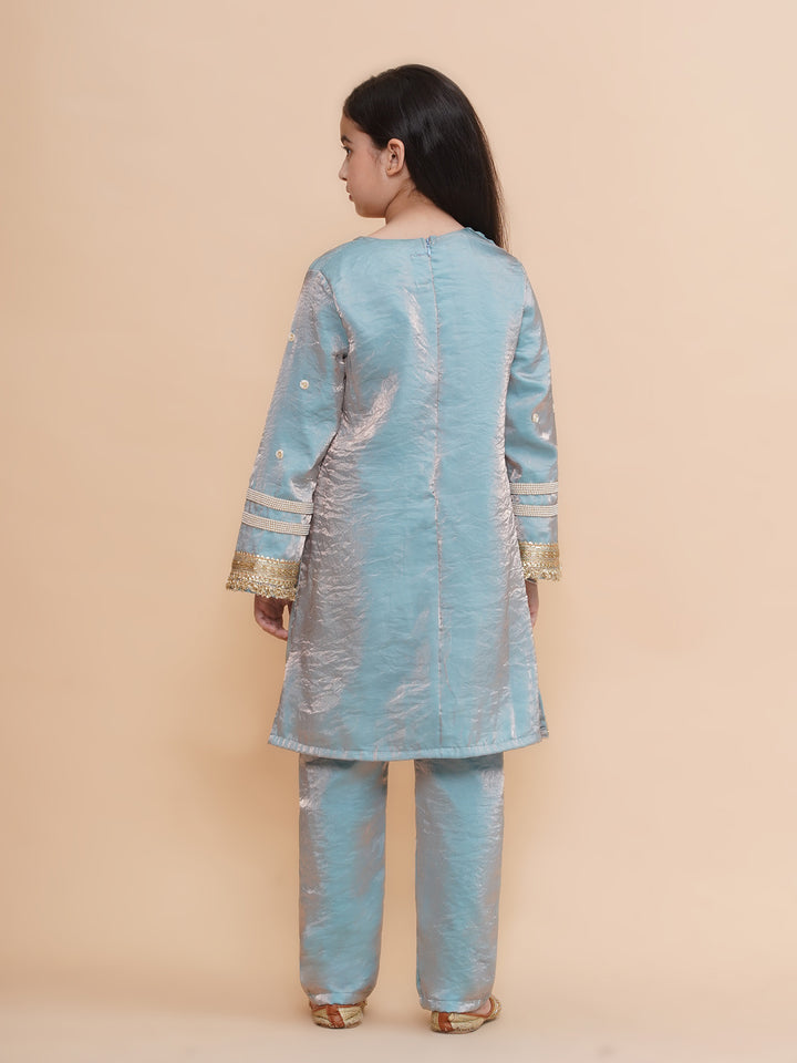 Girls Icy Blue Tissue Kurta And Pants Co-Ord Set