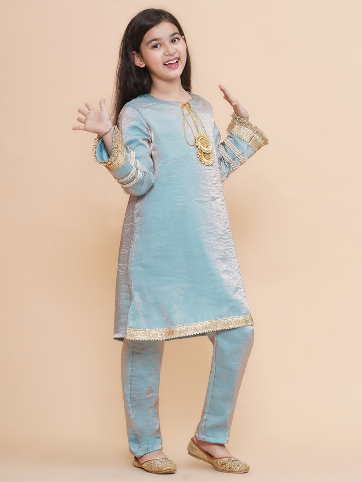 Girls Icy Blue Tissue Kurta And Pants Co-Ord Set