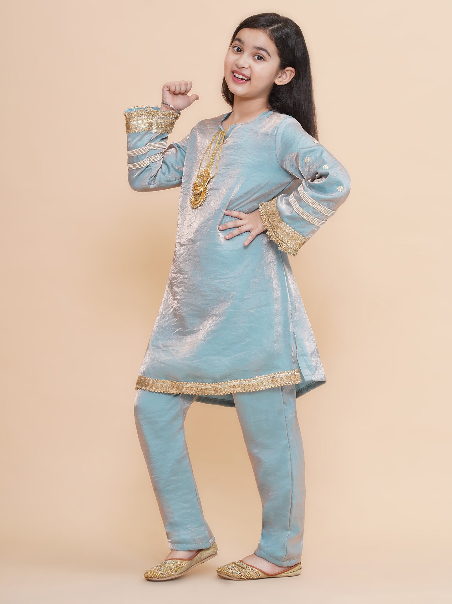 Girls Icy Blue Tissue Kurta And Pants Co-Ord Set