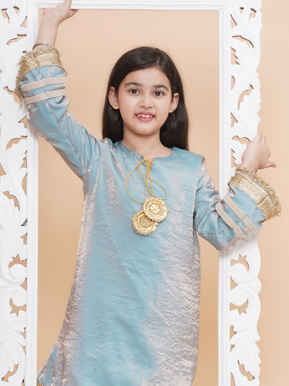 Girls Icy Blue Tissue Kurta And Pants Co-Ord Set
