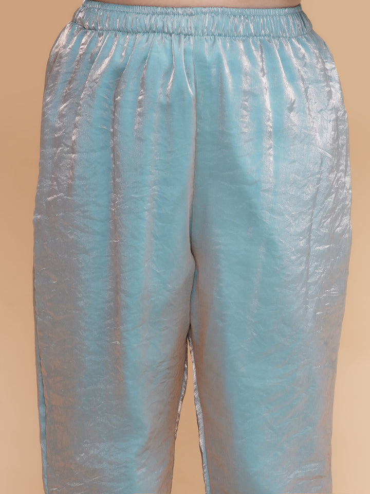 Girls Icy Blue Tissue Kurta And Pants Co-Ord Set