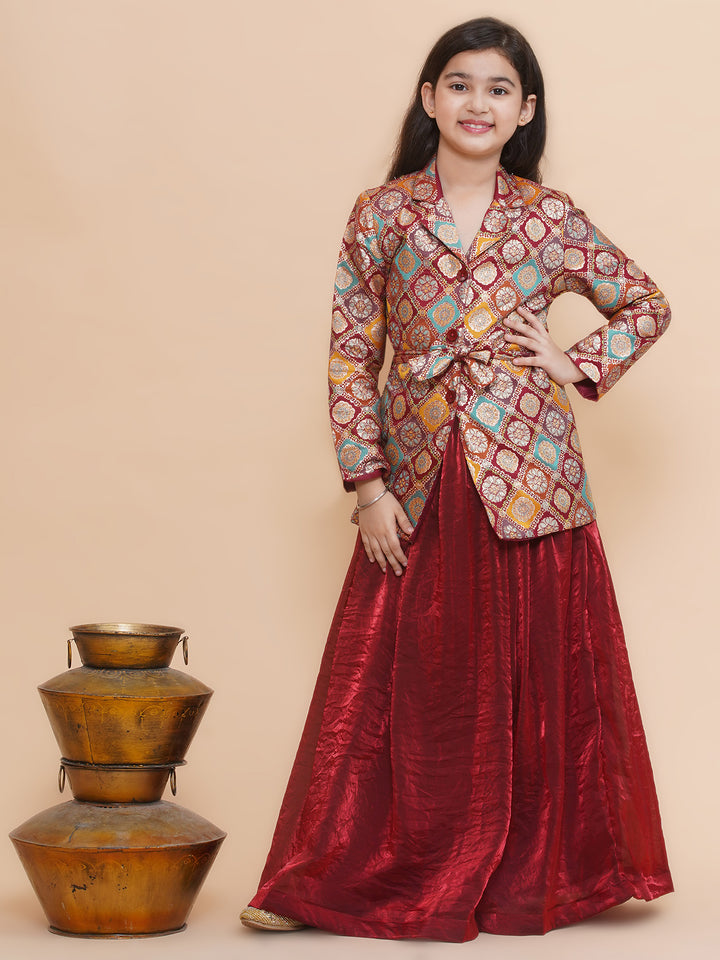 Girls Silk Blazer And Tissue Lehenga With Belt