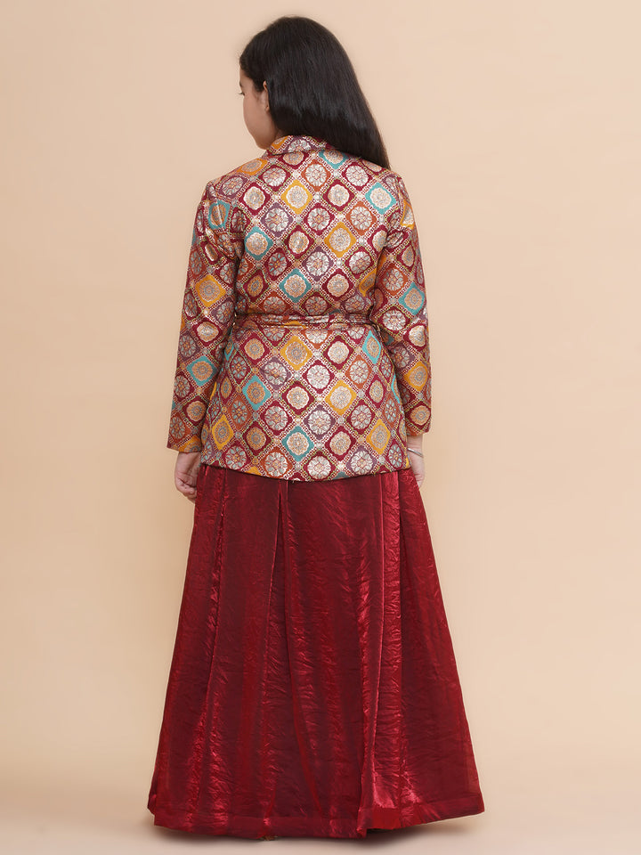 Girls Silk Blazer And Tissue Lehenga With Belt