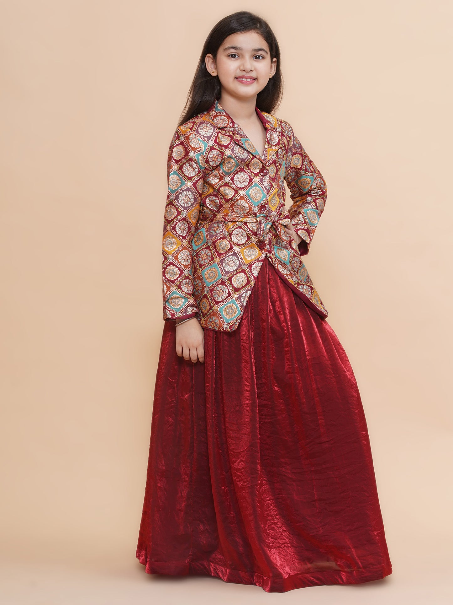 Girls Silk Blazer And Tissue Lehenga With Belt