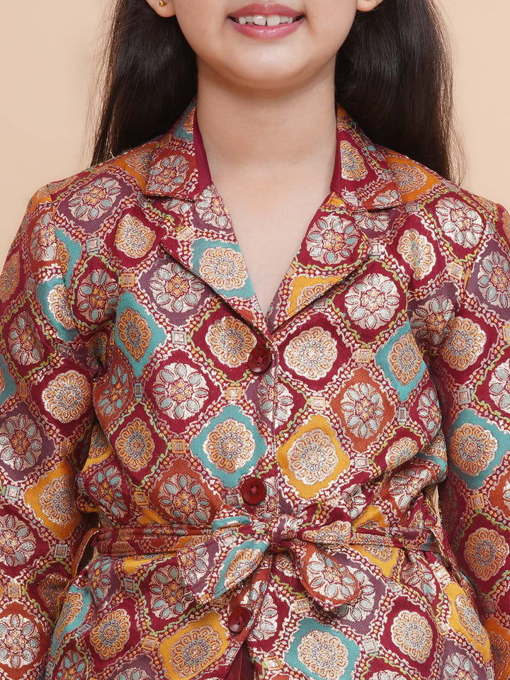 Girls Silk Blazer And Tissue Lehenga With Belt