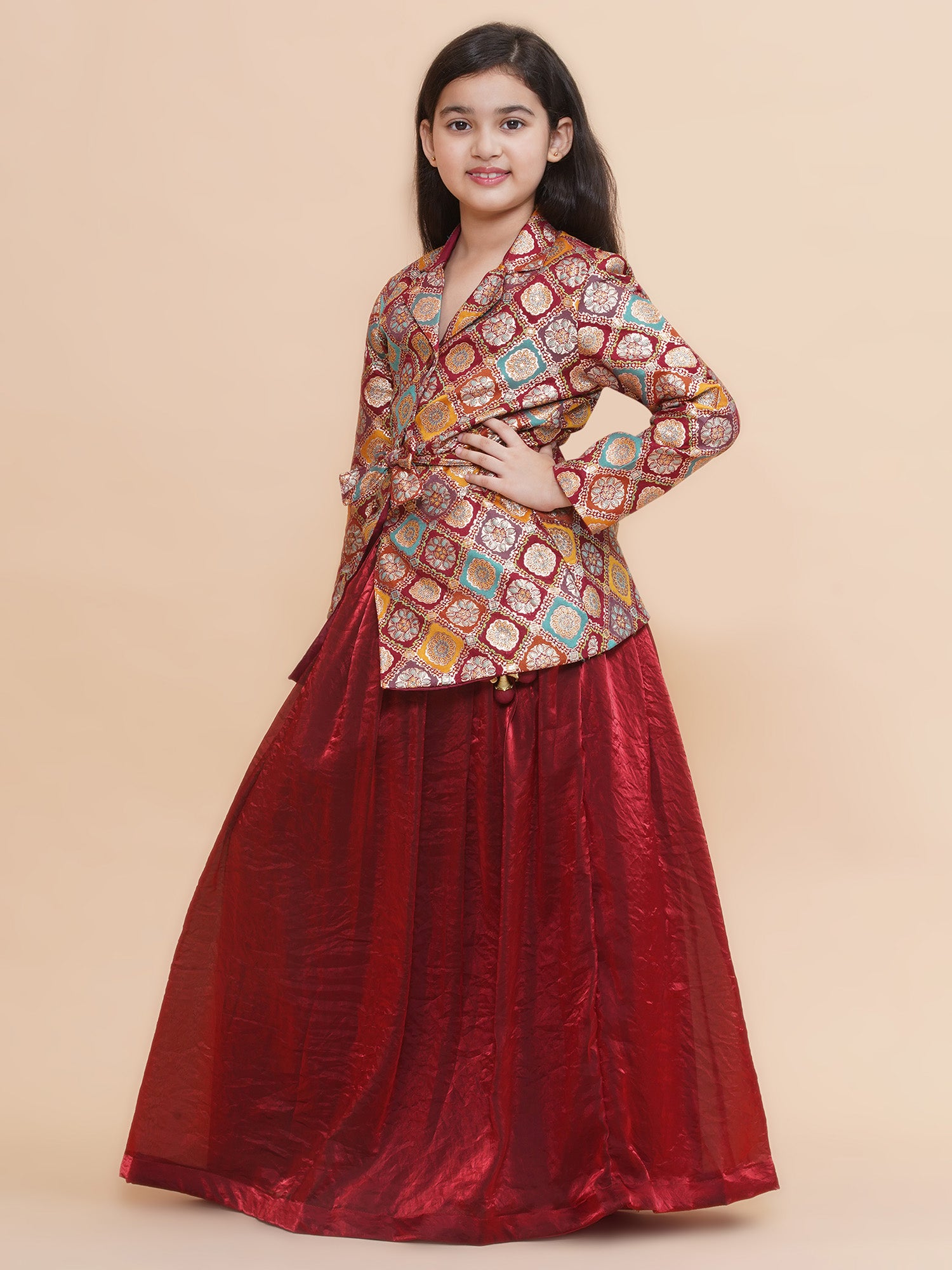 Girls Silk Blazer And Tissue Lehenga With Belt